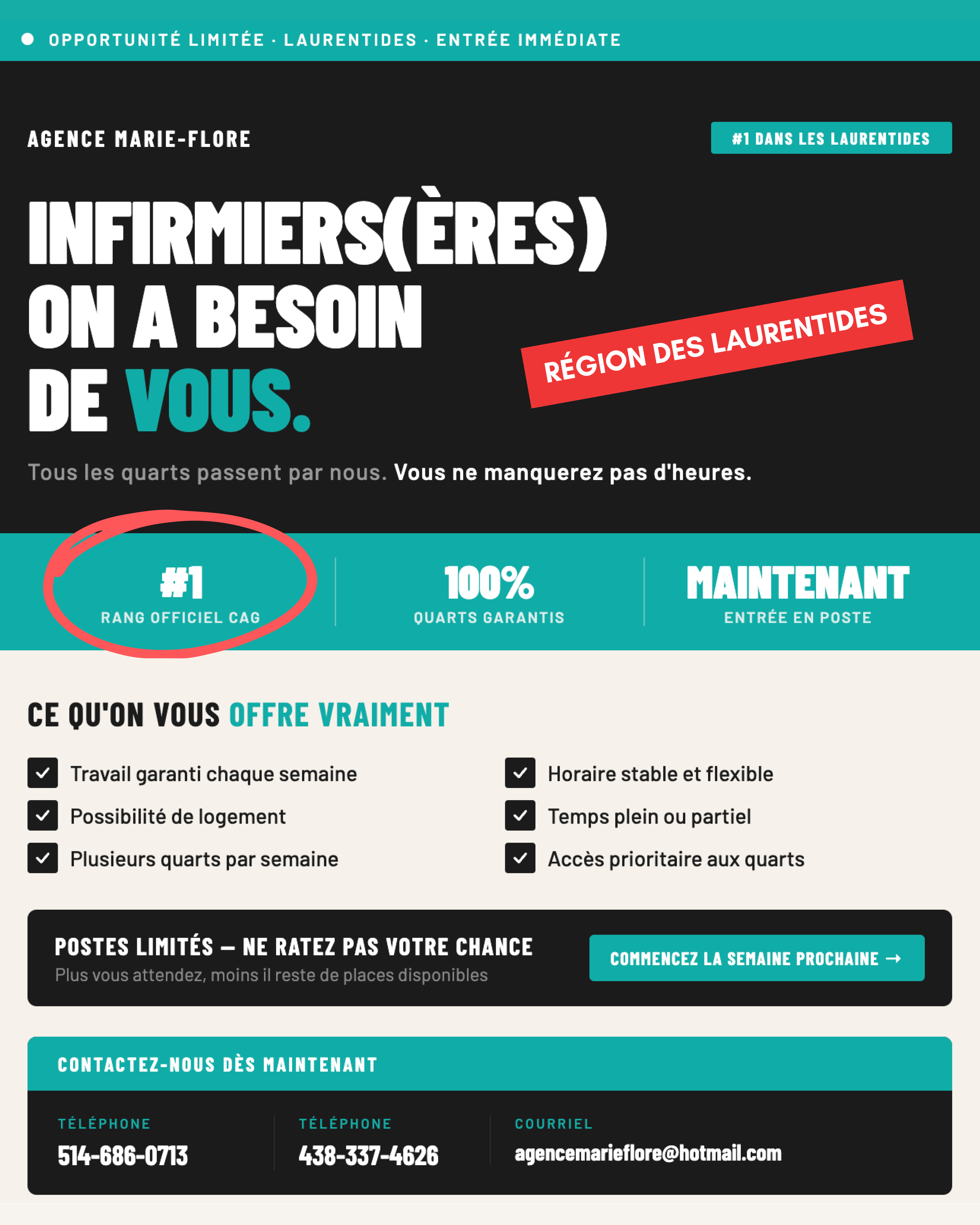 Emplois Infirmiers(ères) pour l'Agence de placement Marie-Flore